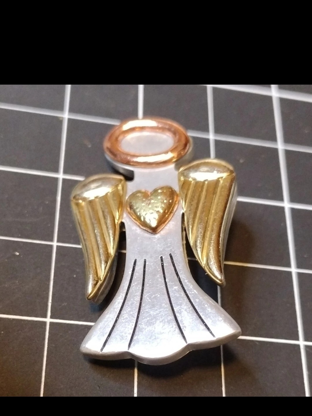 Signed Angel Brooch Pin/Necklace Silver Gold Copper Metal Heart Design BW